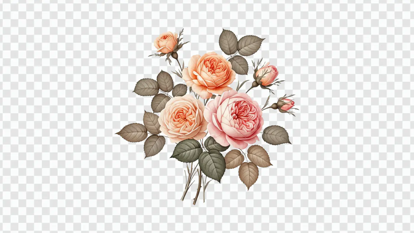 Vintage Peach Rose Bunch Botanical Illustration PNG