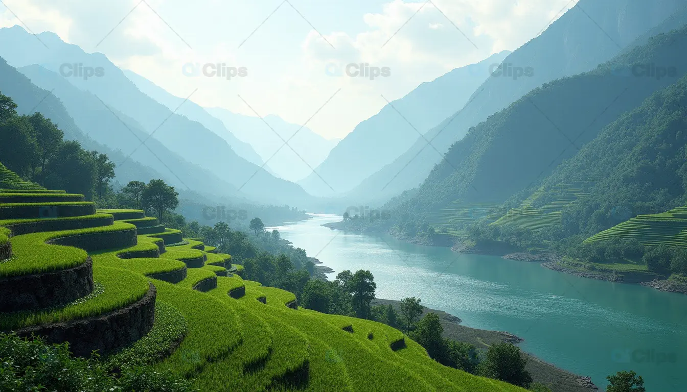 Tranquil River Valley with Terraced Rice Fields and Mountains