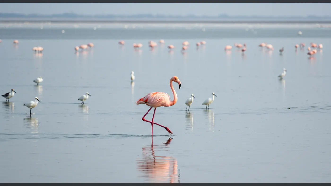 Flamingo in Wetlands with Wading Birds – Peaceful Indian Sanctuary Scene