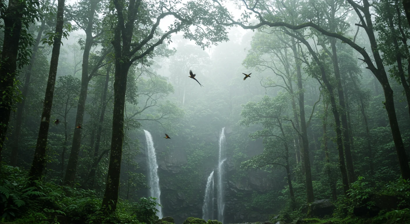 Misty Rainforest with Twin Waterfalls and Birds in Flight