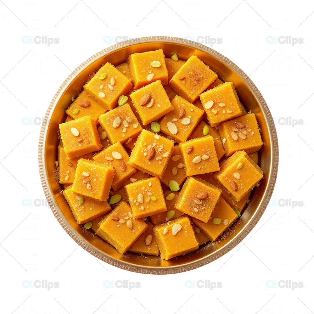 3D Indian Mango Burfi Cubes in Traditional Serving Plate