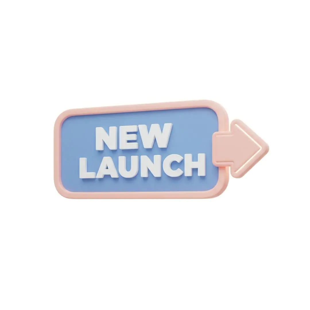 Pastel new launch badge with arrow on checkered background