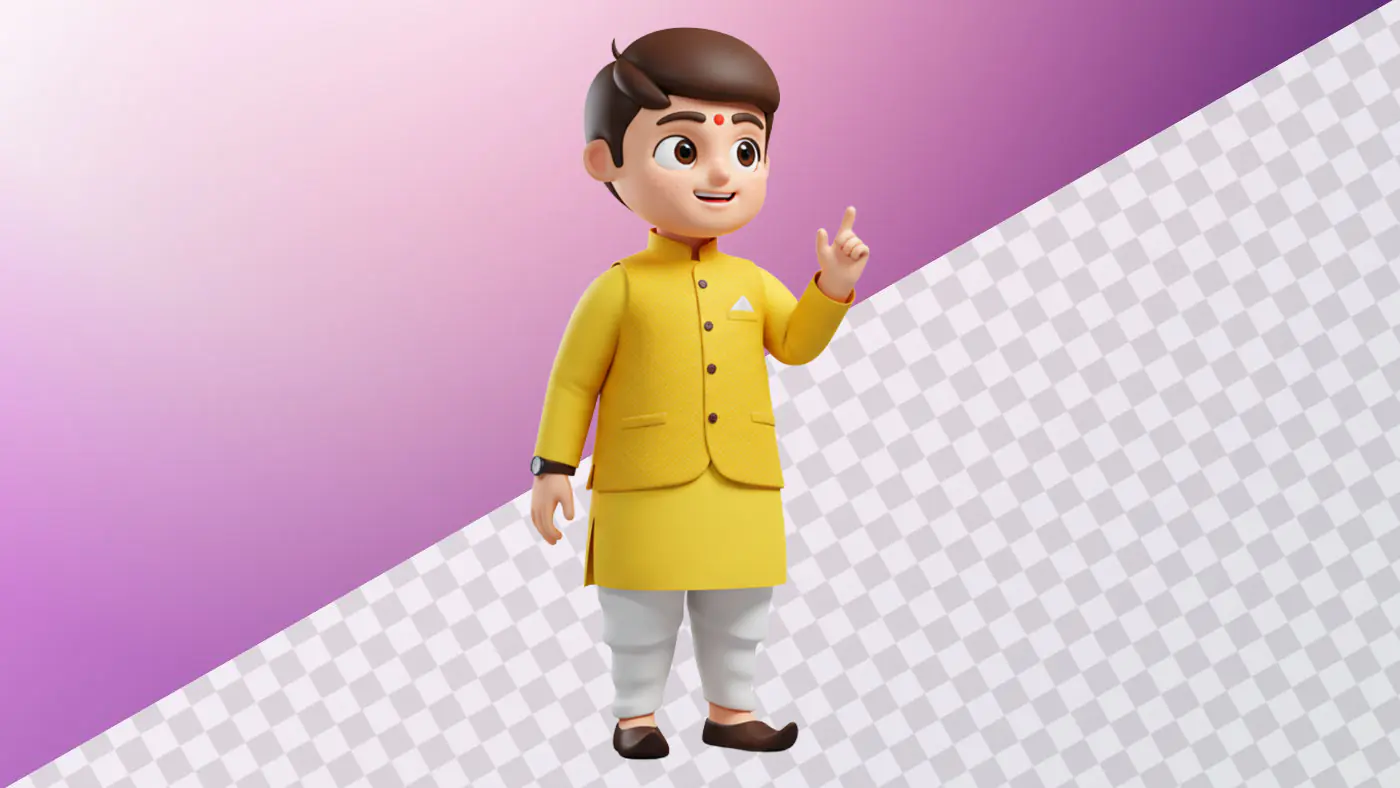 Cheerful Indian boy 3D avatar yellow kurta pointing