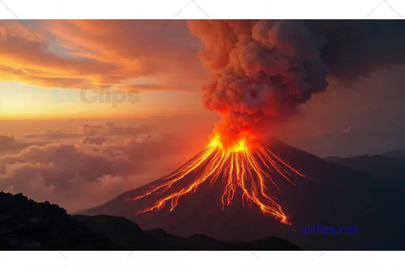 Erupting Volcano at Sunset
