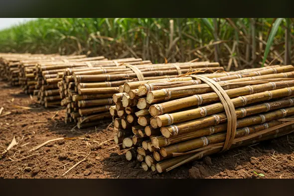 Stacked Sugarcane Bundles in Field Closeup | AIClips Indian Agriculture Stock