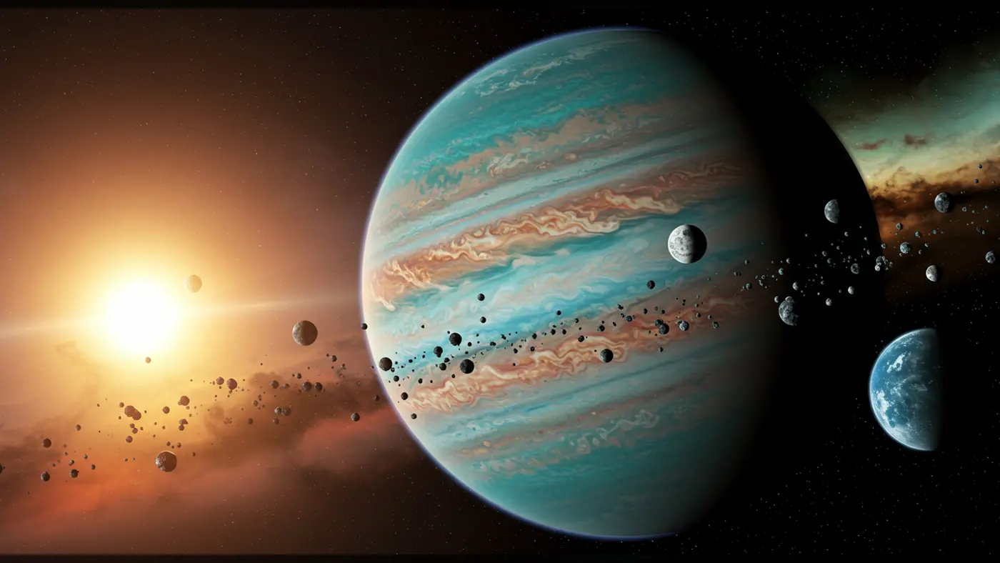 Galactic Sunrise over Ringed Gas Giant with Moons and Asteroids