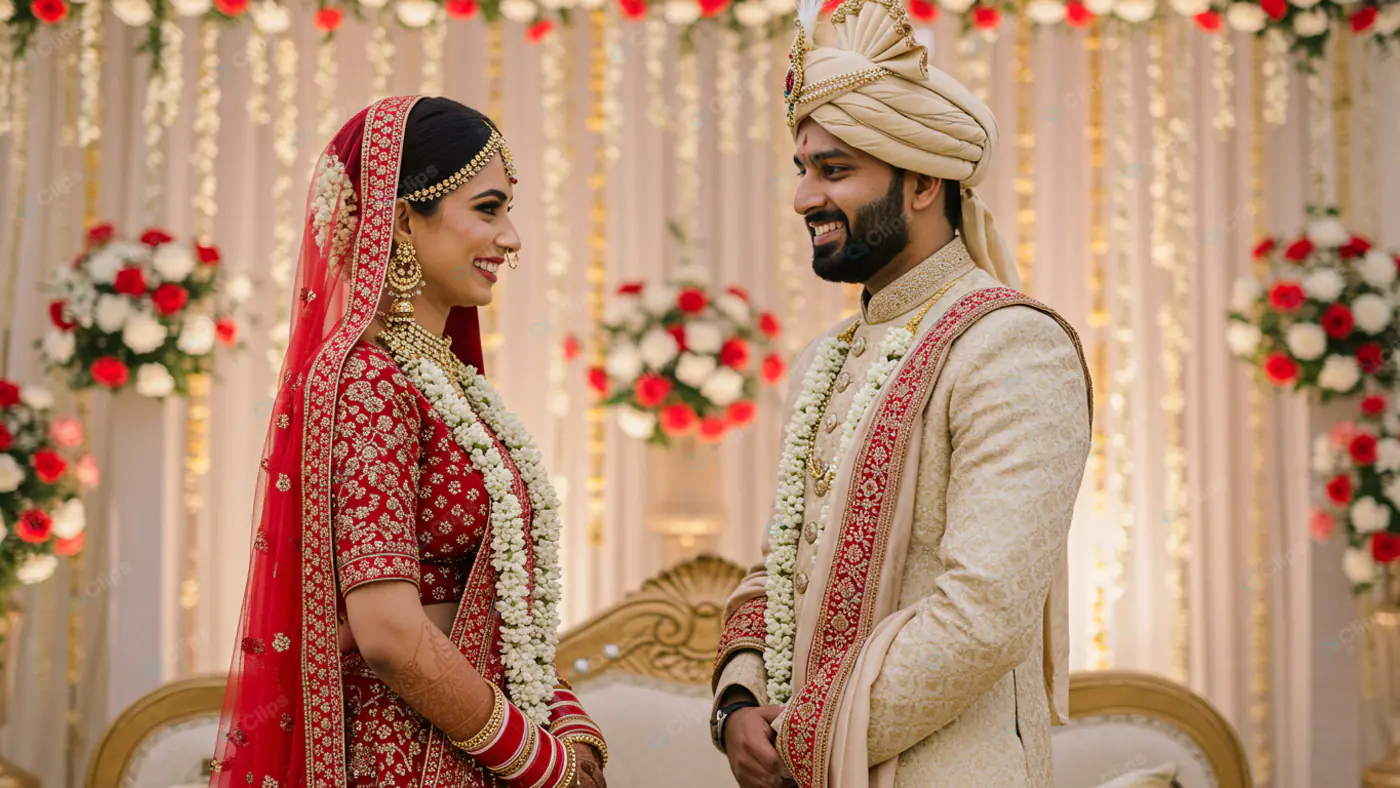 Radiant Couple in Traditional Indian Wedding Attire