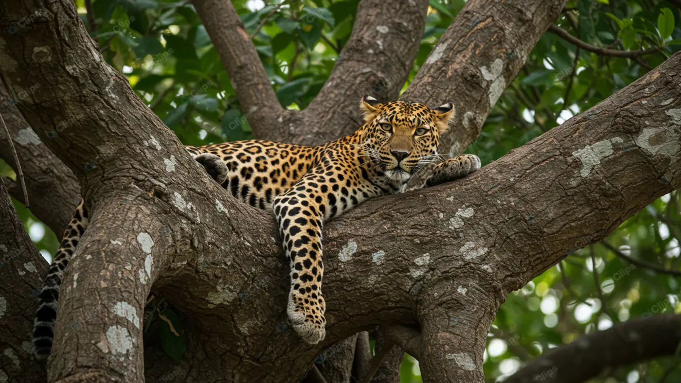 Regal Leopard Lounging in Tree