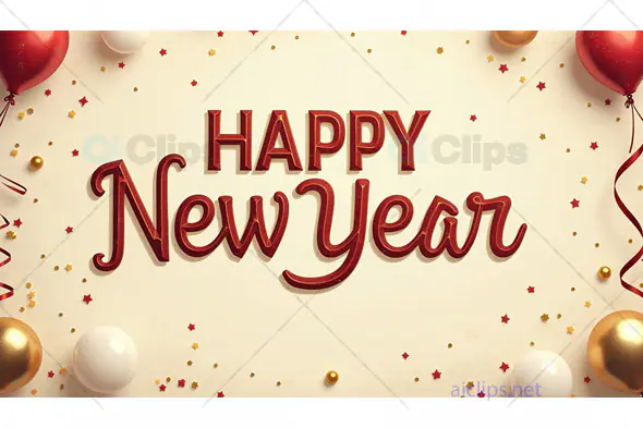 Festive "Happy New Year" Celebration with Balloons and Confetti