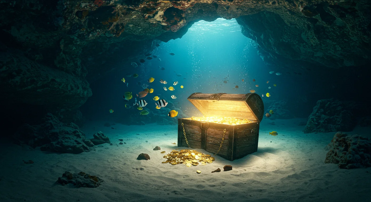 Underwater Cave with Glowing Treasure Chest and Tropical Fish
