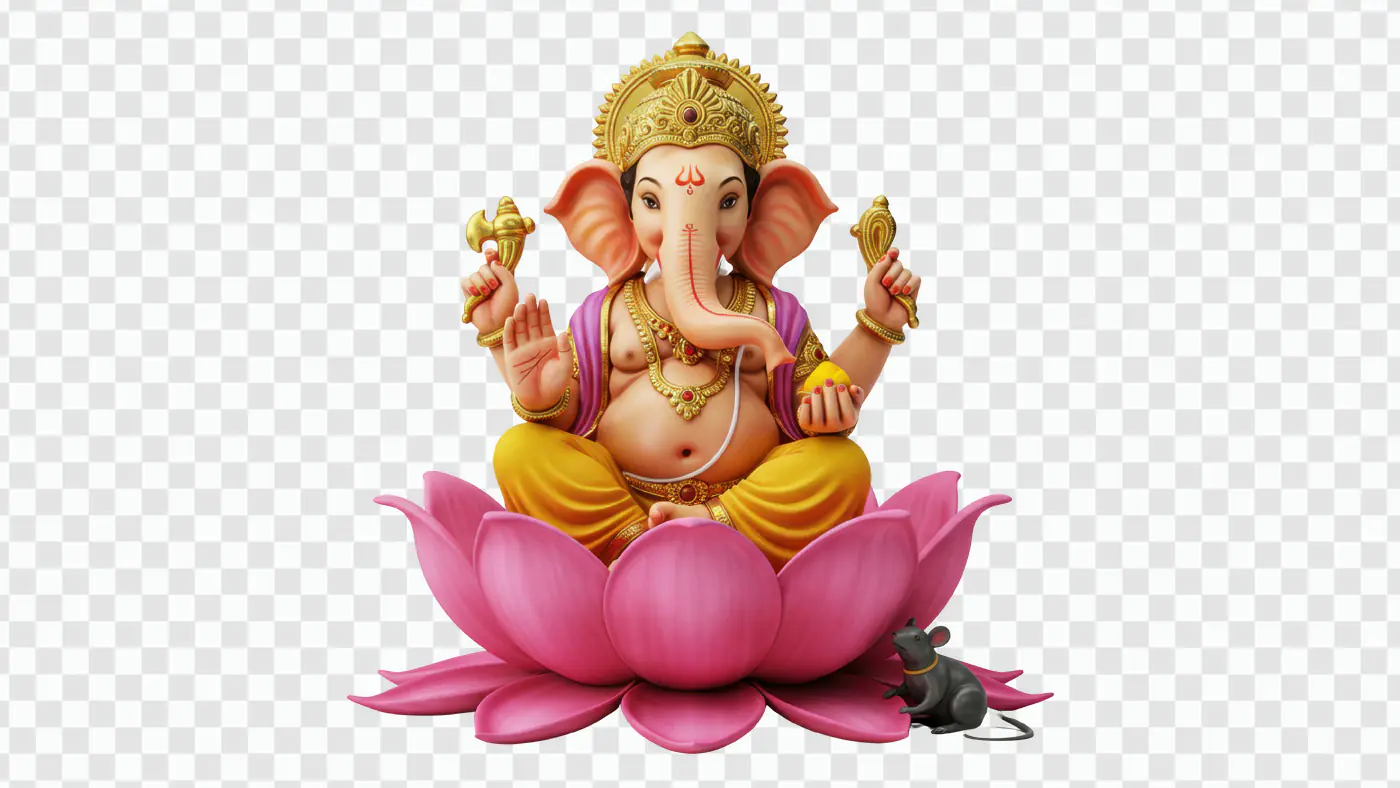 Ganesha Seated on Pink Lotus Flower PNG