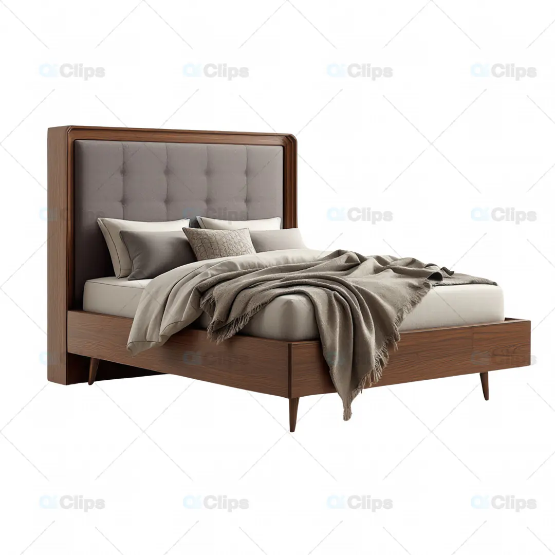 3D Modern Wooden Bed with Upholstered Headboard