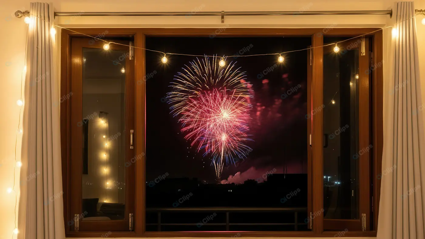 Apartment Window View of Festive Fireworks