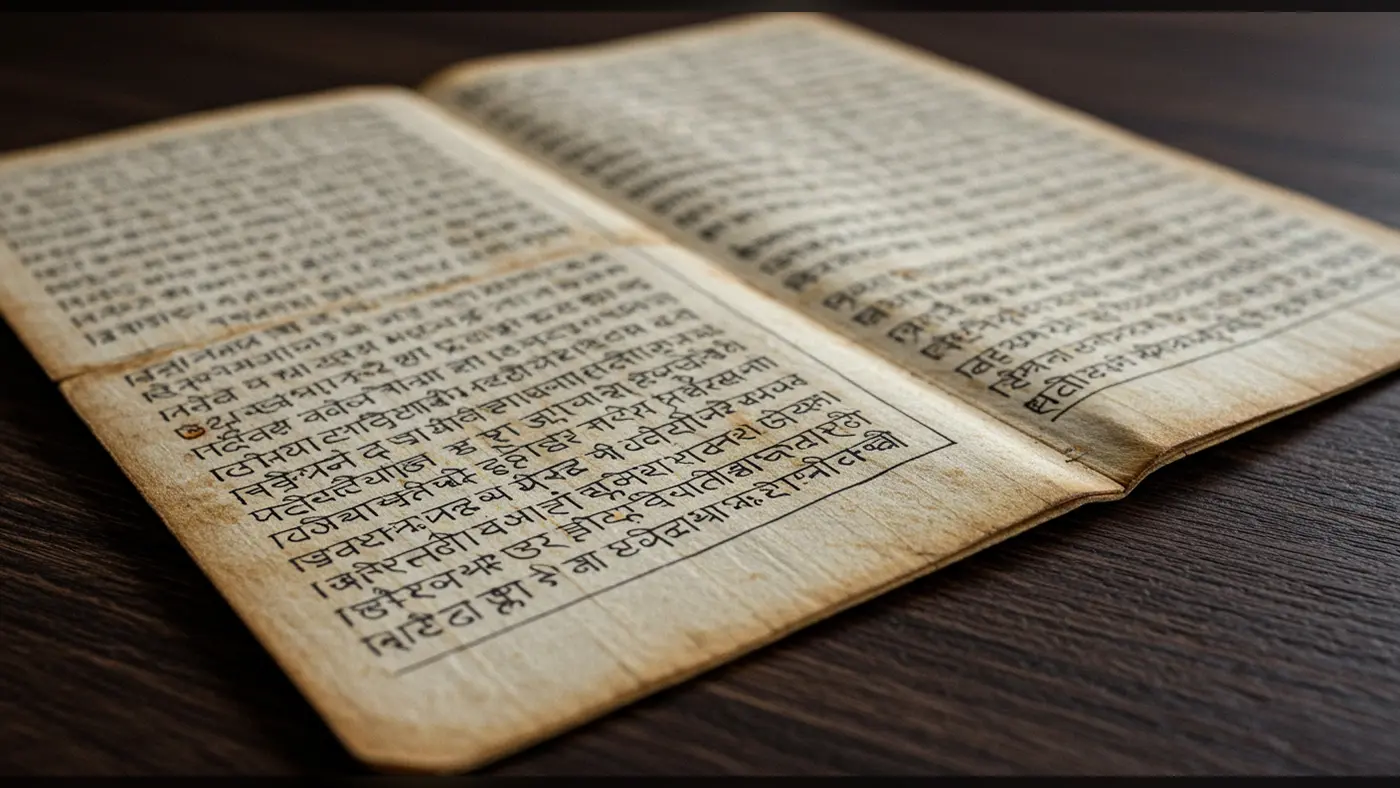 Ancient Sanskrit Manuscript on Wooden Table | Sacred Hindu Text