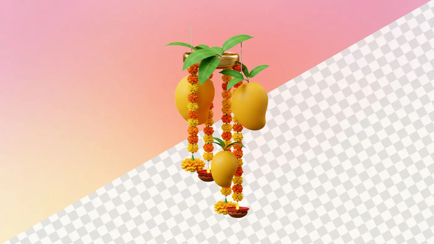 Hanging mango fruits with marigold garlands decoration