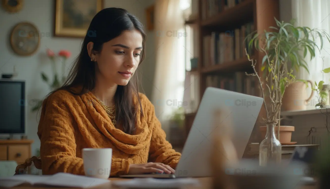 Woman Working on Laptop at Home Office