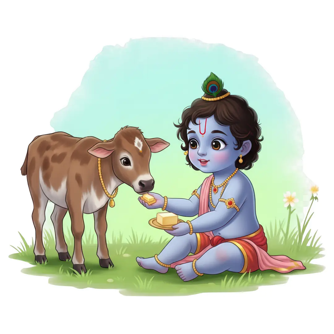 Little Krishna Feeding Calf in Meadow PNG