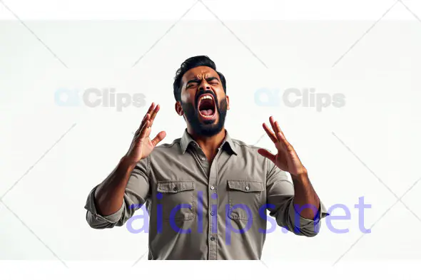 Frustrated Man Shouting with Hands Raised