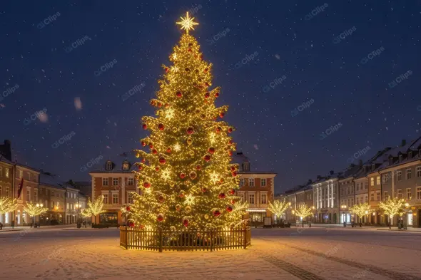 Magical Christmas Night in a Snowy Town Square