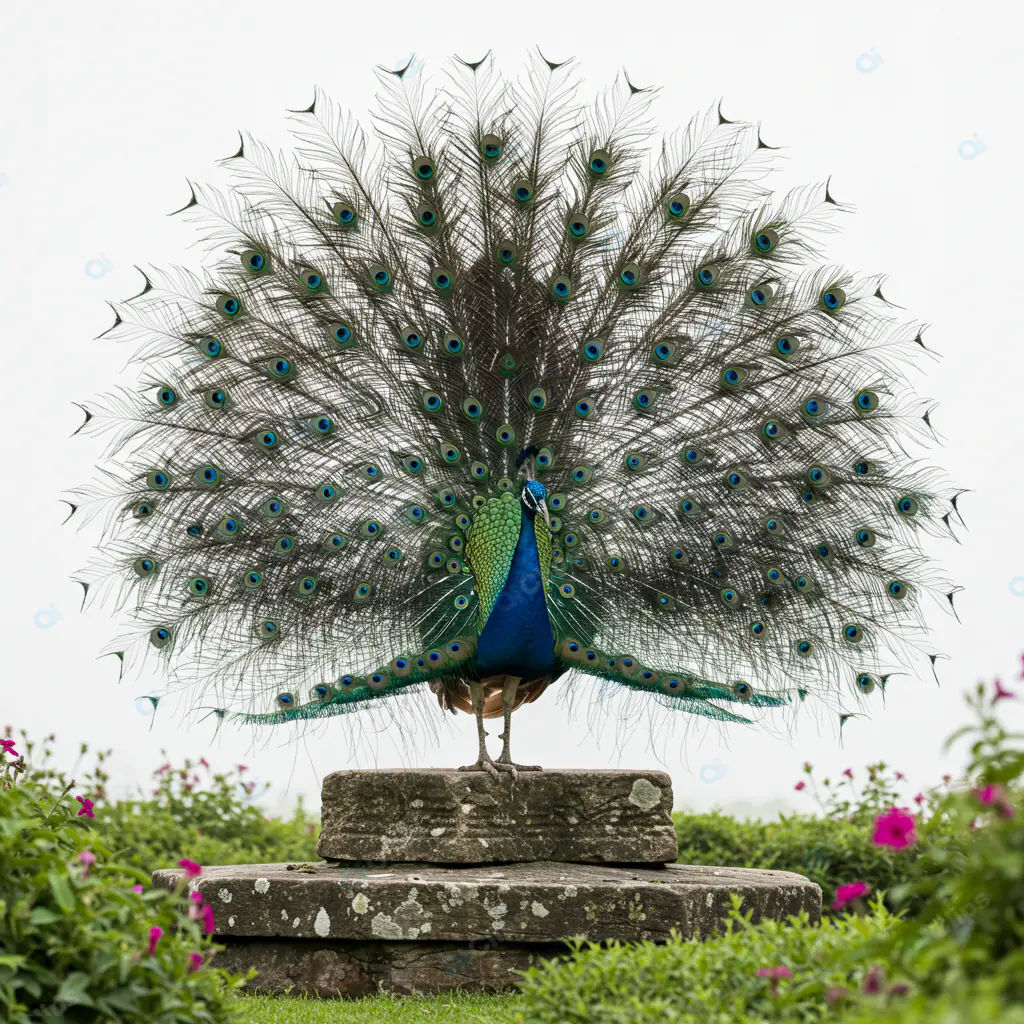 Majestic Peacock Display on Stone Pedestal