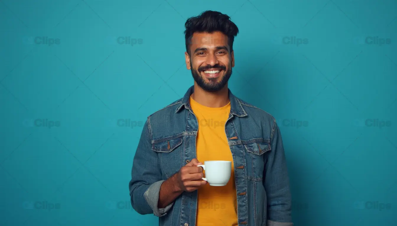 Smiling Man with Coffee in Denim Jacket