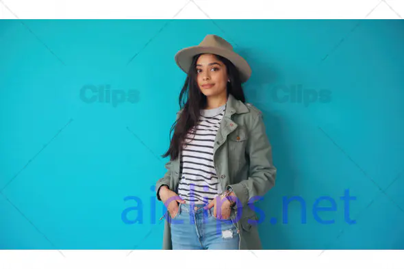 Stylish Woman in Hat with Blue Background
