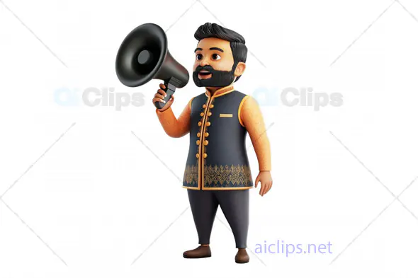3D Indian Man in Traditional Attire Holding a Megaphone