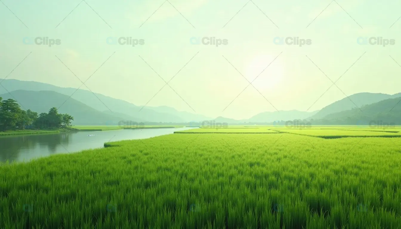 Serene Rice Field at Sunrise – Scenic Landscape