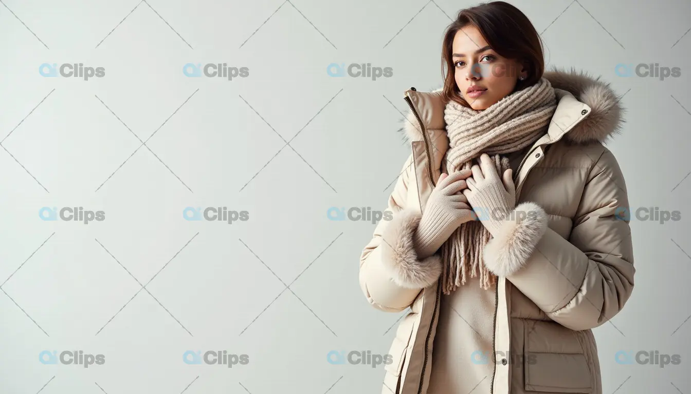 Stylish Winter Look: Woman in Beige Fur-Lined Coat and Scarf