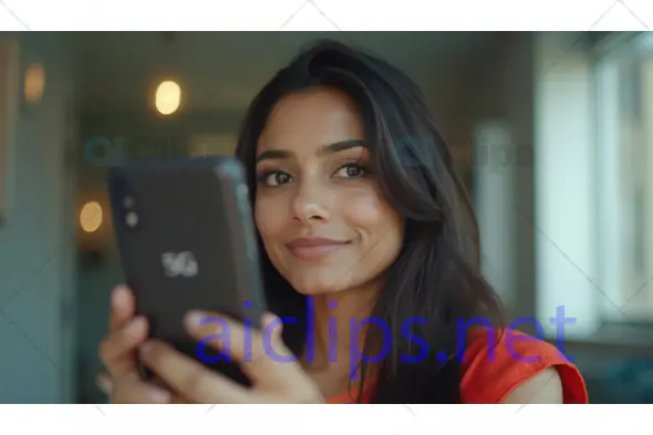 Smiling Woman Using 5G Smartphone Indoors