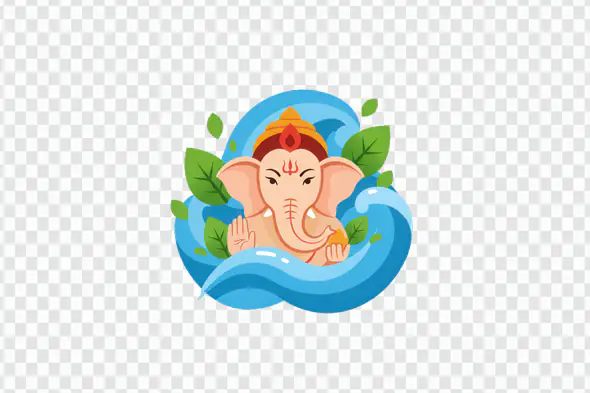 Colorful Ganesha Illustration Surrounded by Waves and Leaves