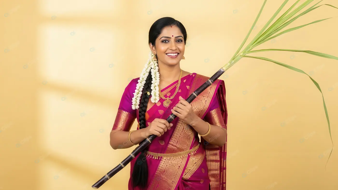 Vibrant South Indian Woman with Sugarcane for Harvest Festival
