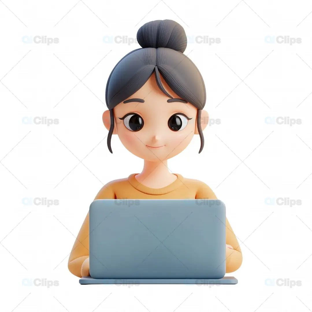 3D Girl Avatar Focused on Laptop Work