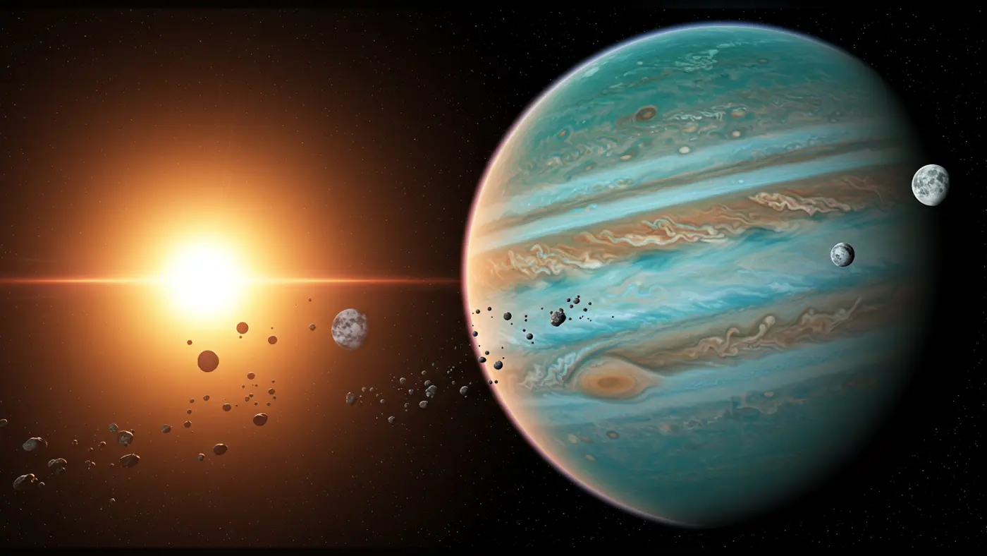 Colorful Gas Giant with Moons and Sunflare – Deep Space Background