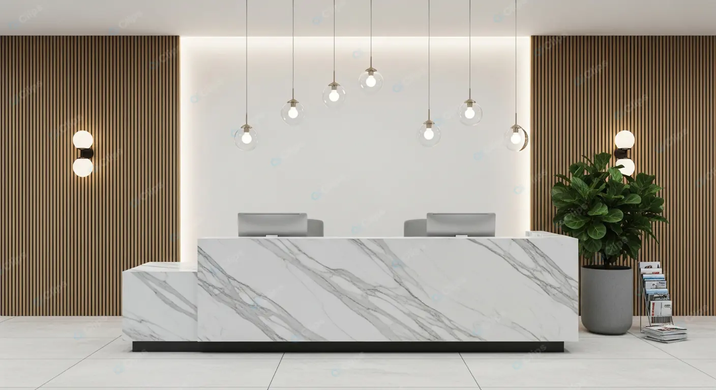 Marble Reception Desk with Pendant Lights