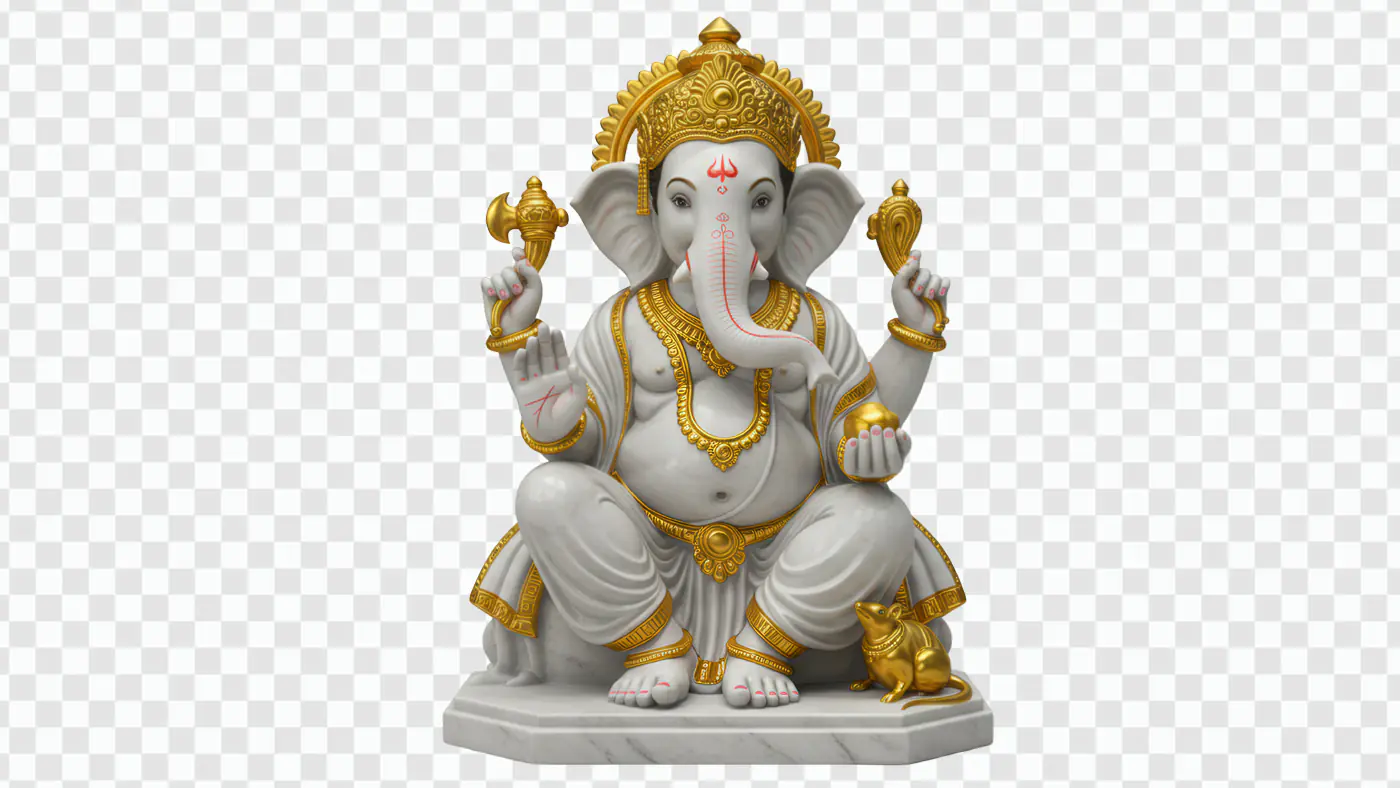 Majestic White Ganesha Statue with Gold Accents PNG