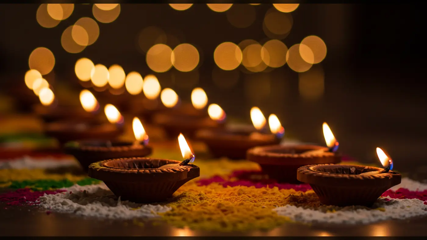 Diwali Clay Diyas on Rangoli with Bokeh Lights | AIClips Indian Festival Background