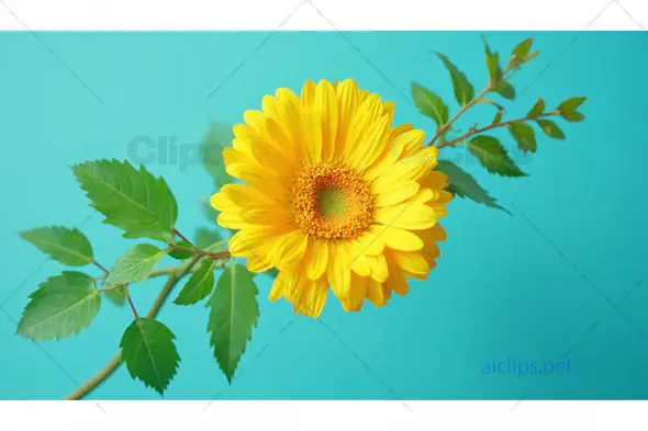 Yellow Flower with Green Leaves on Teal Background