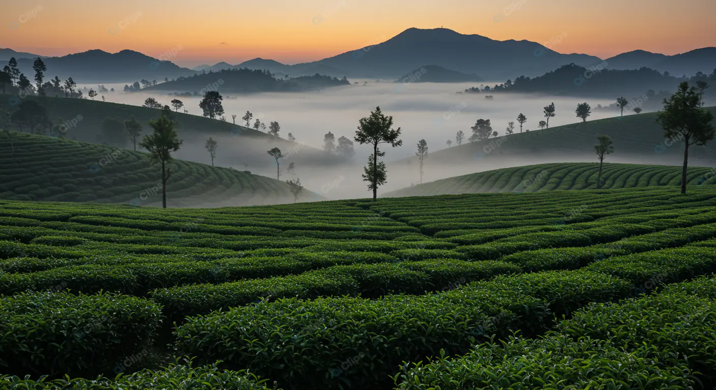Misty Dawn Over Tea Plantation
