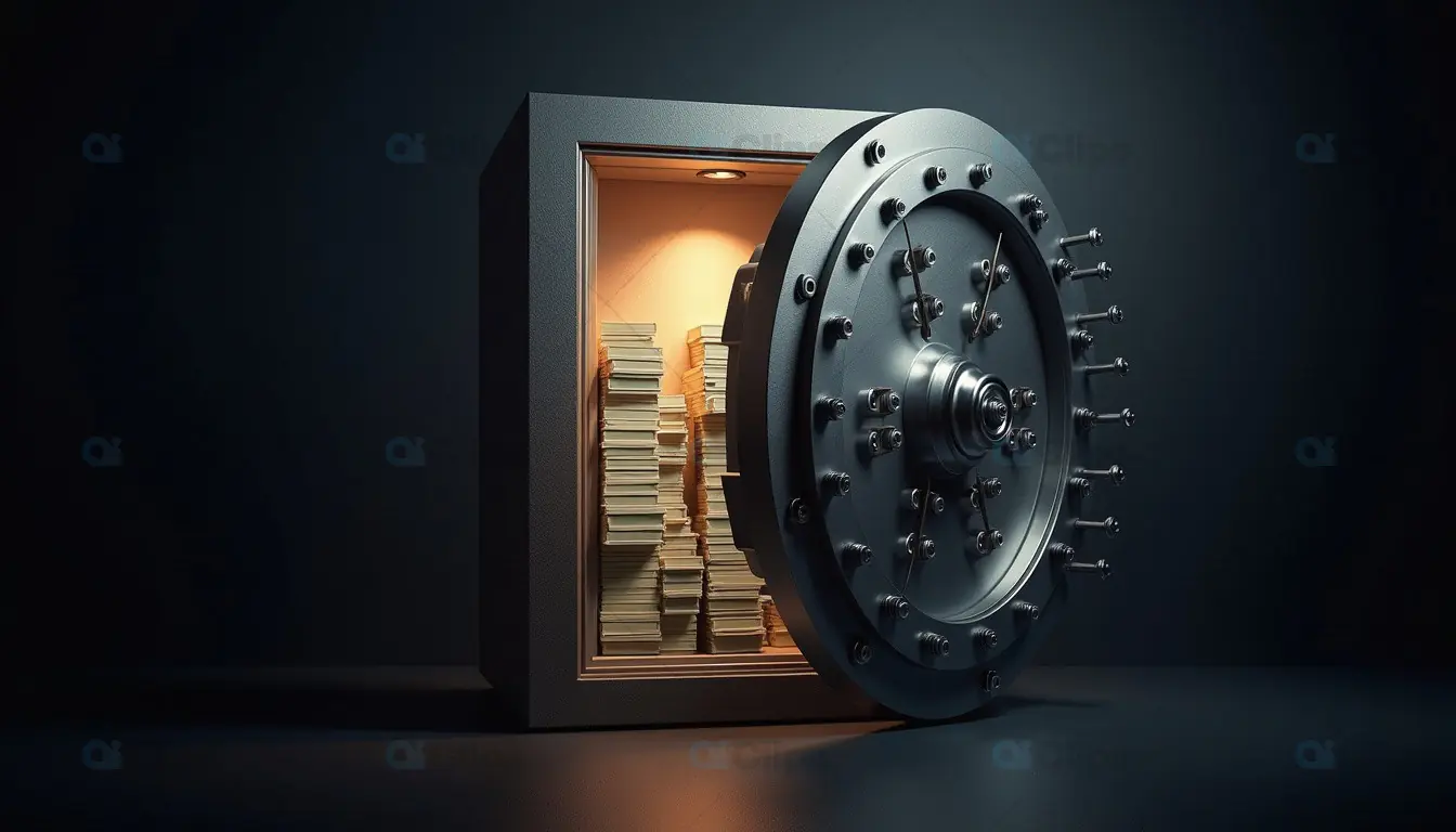 Open Bank Vault with Stacks of Cash Inside