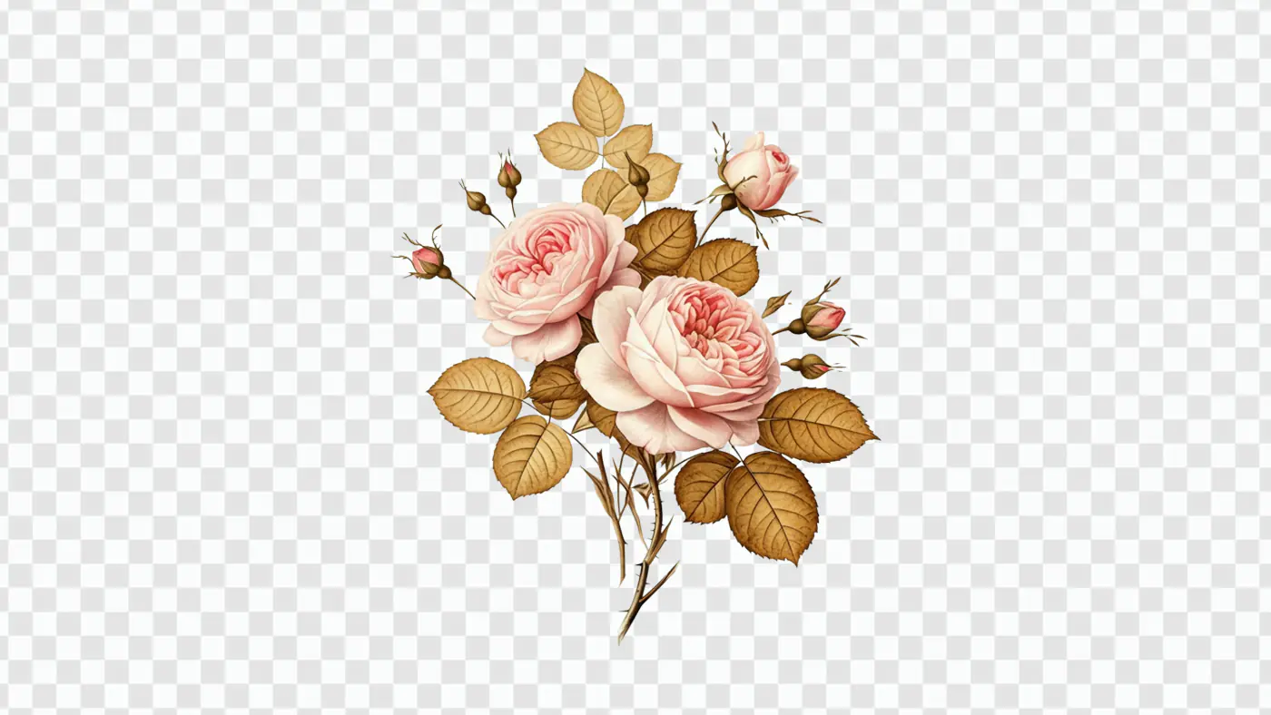 Romantic Blush Roses with Golden Leaves PNG