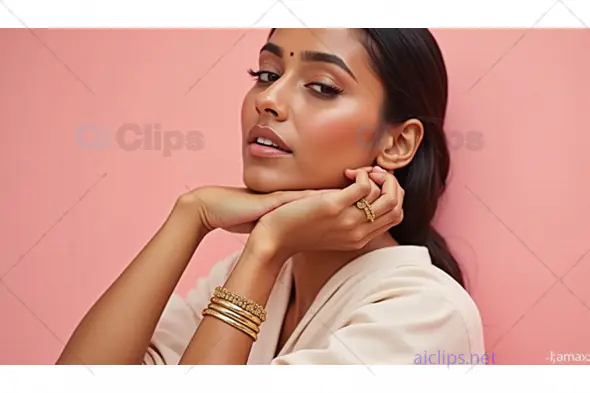 Fashion Portrait of a Woman Wearing Gold Bangles and Rings on a Soft Pink Background