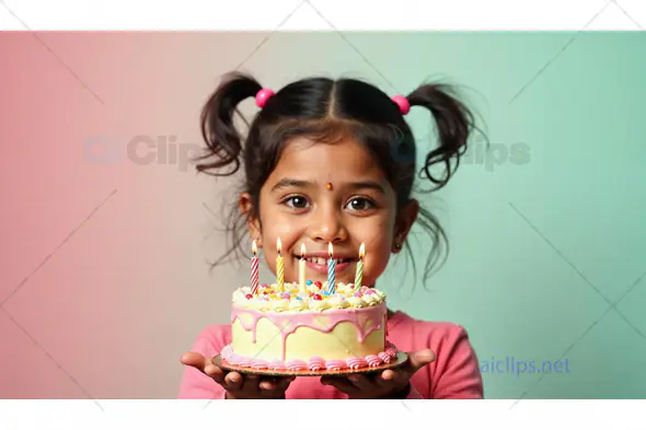 Smiling Girl Holding Birthday Cake with Candles