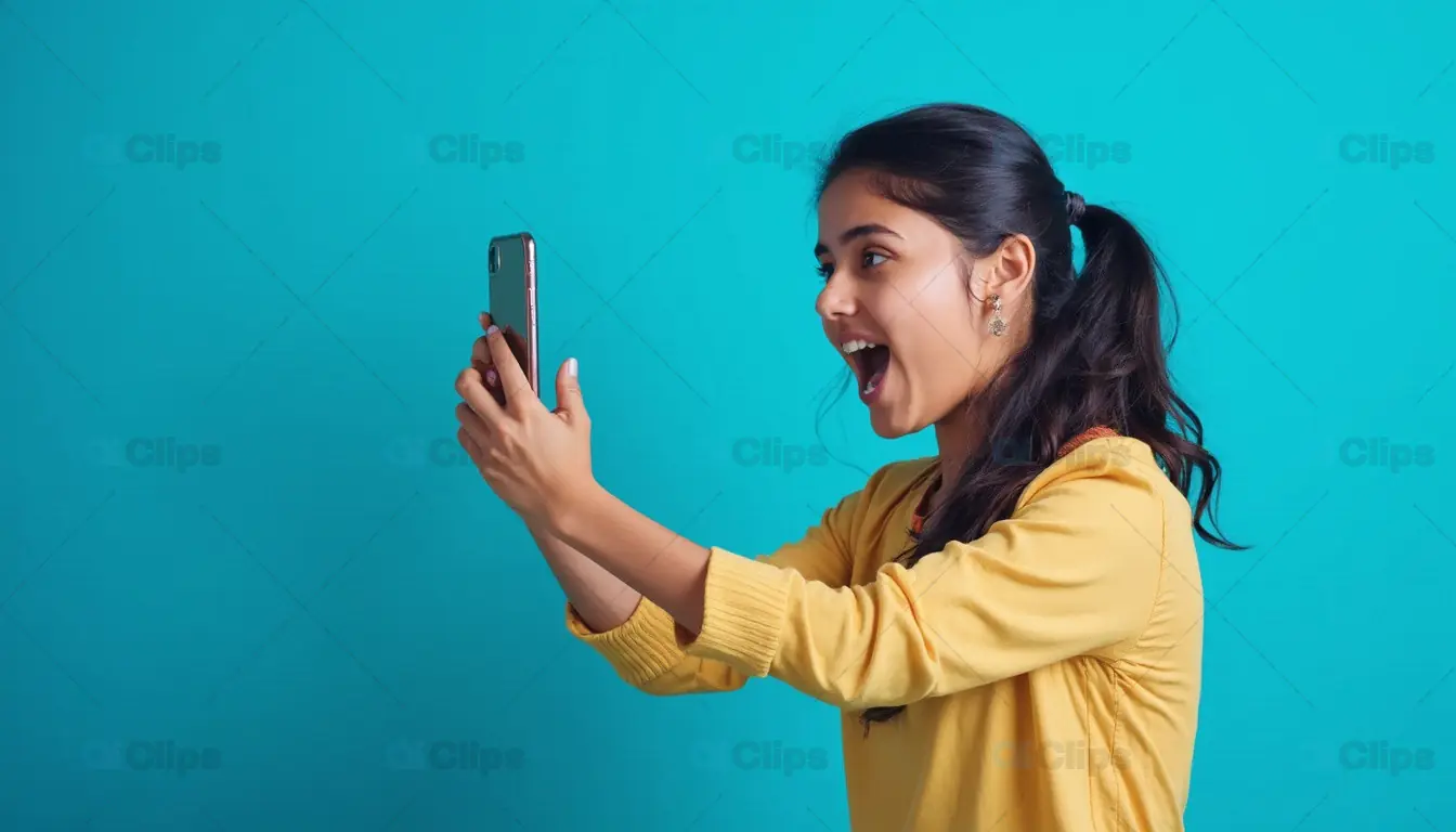 Excited Girl Looking at Smartphone