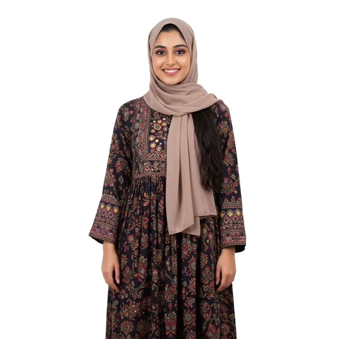 Smiling Woman in Floral Abaya and Hijab PNG