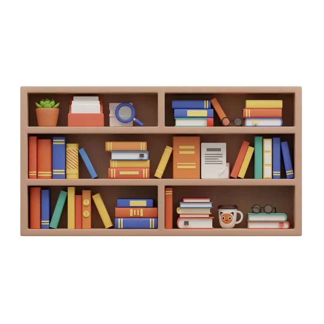 Wooden bookshelf with colorful books and accessories