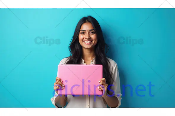 Woman Holding Pink Laptop with Smile