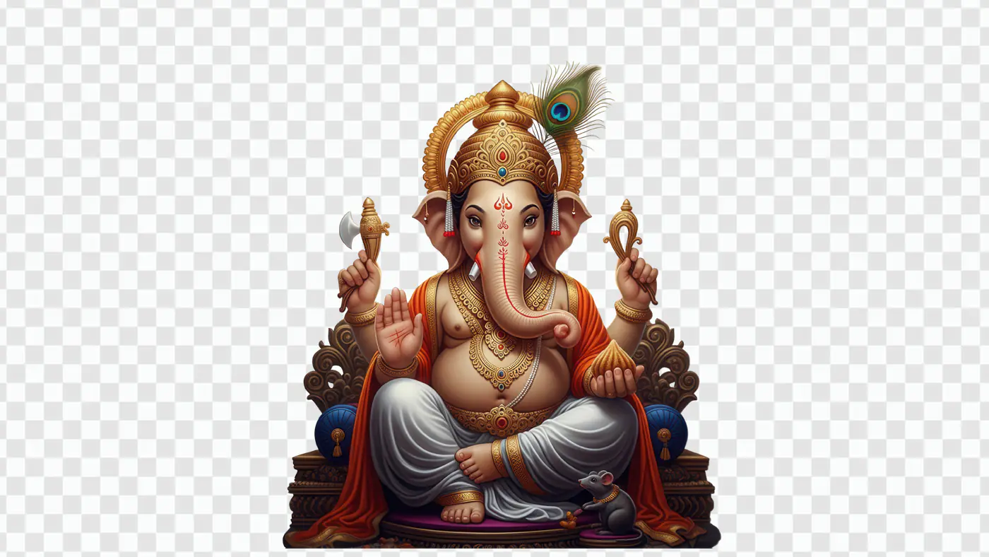 Majestic Seated Ganesha with Peacock Feather PNG