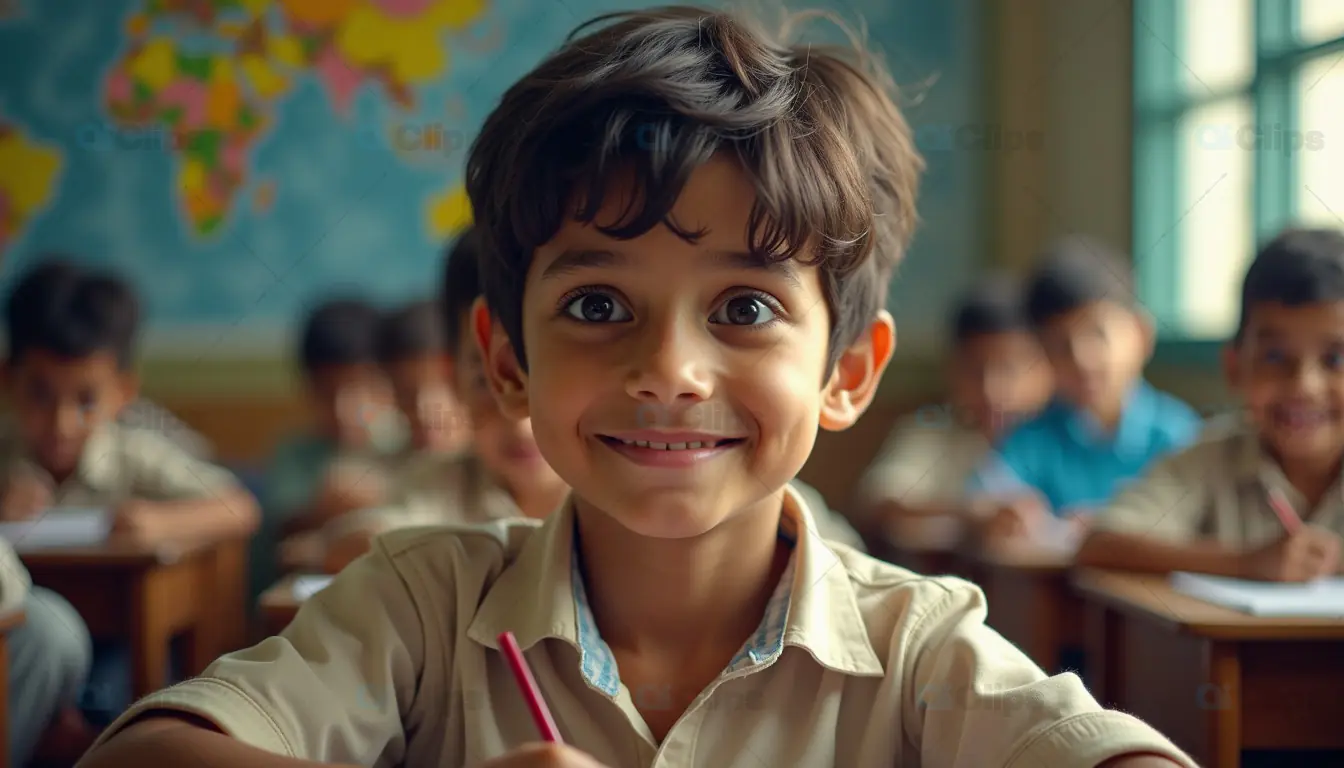Smiling Schoolboy in Classroom