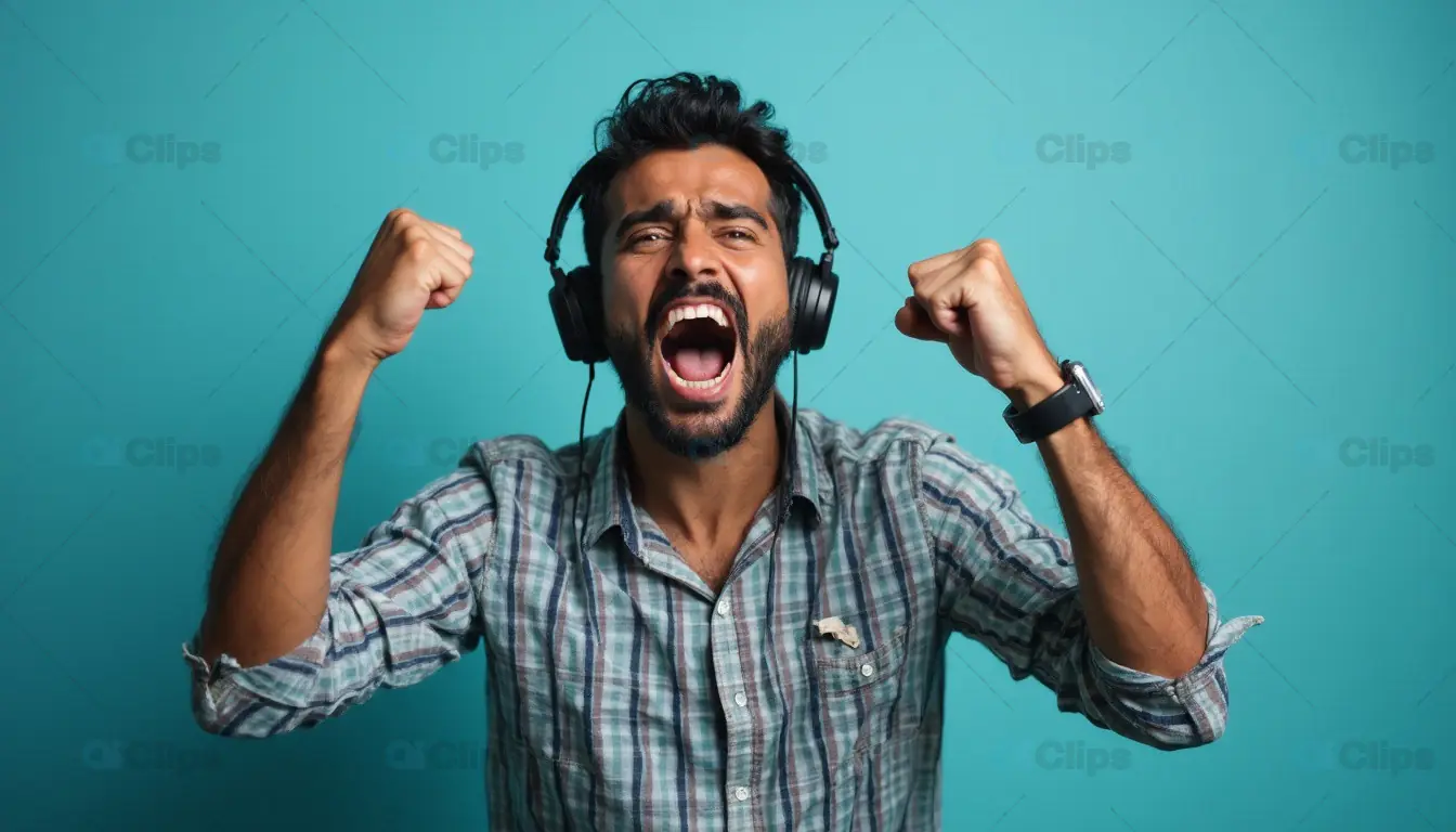 Excited Man with Headphones Cheering